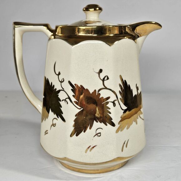 Vtg Price Bros Teapot Gold on  Cream Golden Grape Leaves Autumn Ceramic Lidded - Picture 13 of 13